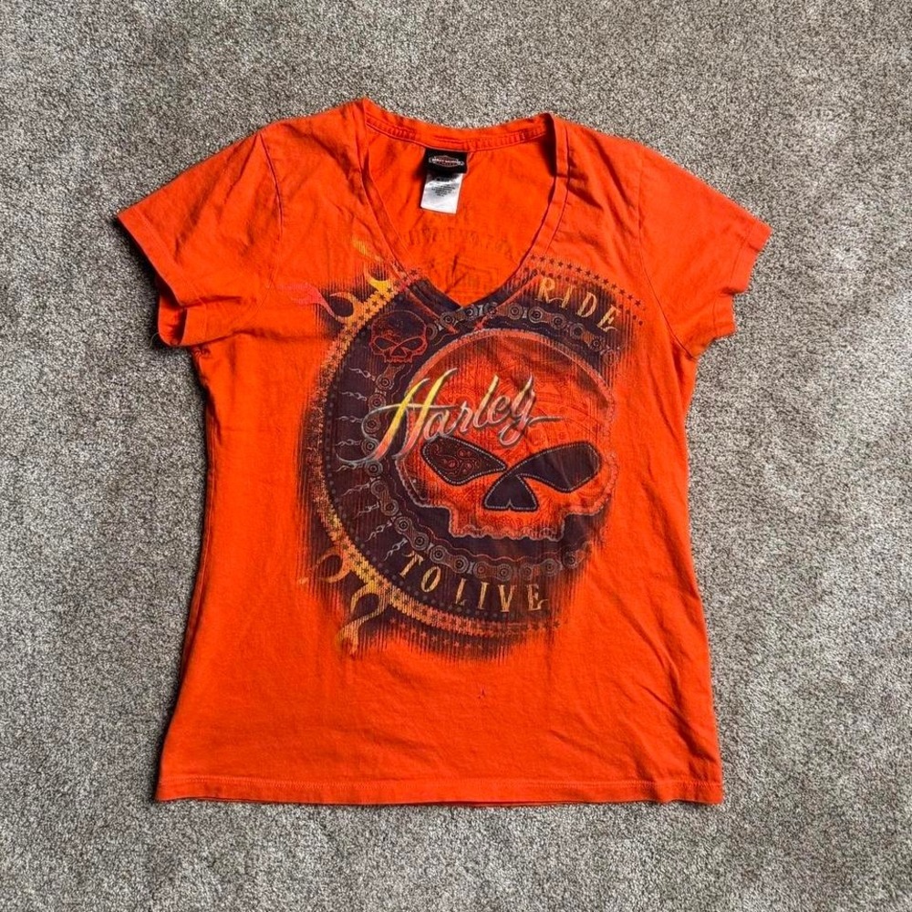 ORANGE HARLEY DAVIDSON SKULL V NECK GRAPHIC TEE